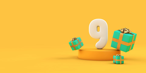 Happy 9th birthday number and gifts on a yellow podium. 3D Render