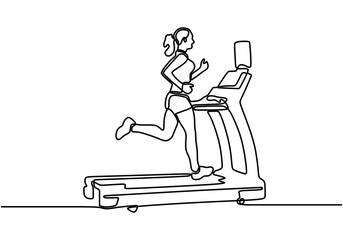 Continuous line of young sporty woman training speed run with treadmill. Sports at home. Fitness stretching concept. Dynamic single line draw design vector illustration. Isolated on white background.