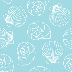 white different types of seashells nautilus pompilius, oyster spiral on blue background sea ocean shell pattern seamless vector - 349340236
