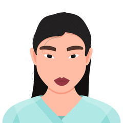 Female avatar. Female character in medical uniform. Asian woman as doctor or nurse.  Coronavirus epidemic. Vector stock  illustration isolated on white background.