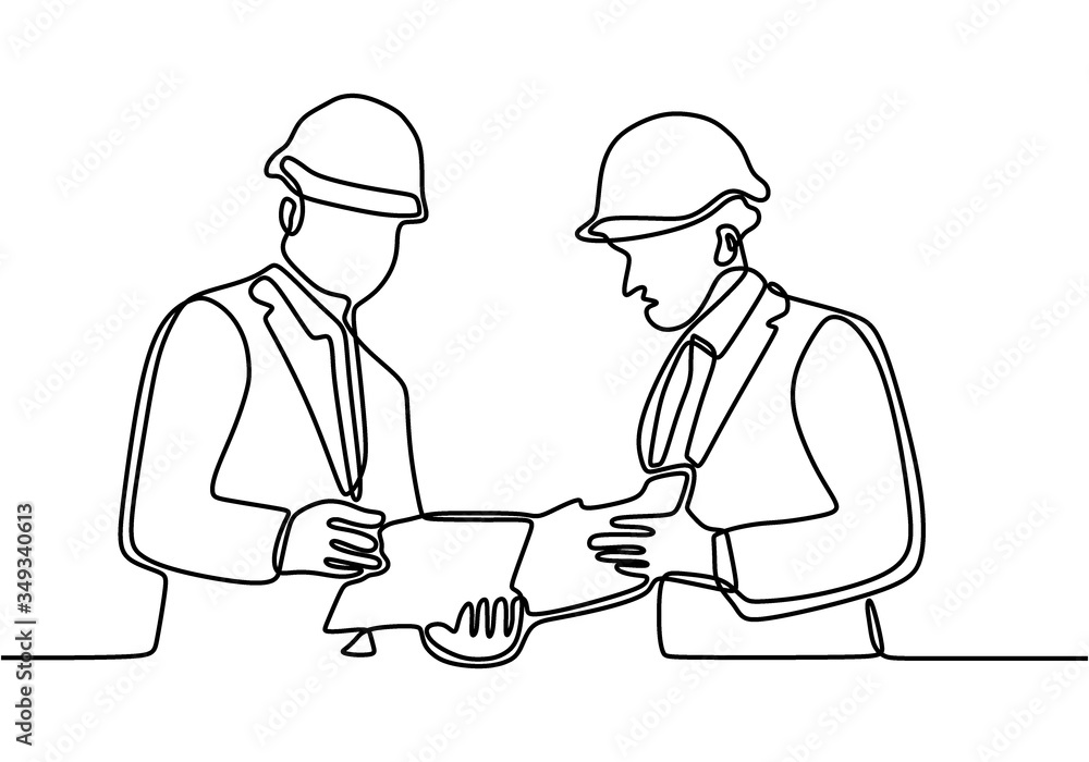Poster single continuous line drawing of young architect and foreman brainstorming about blueprint building