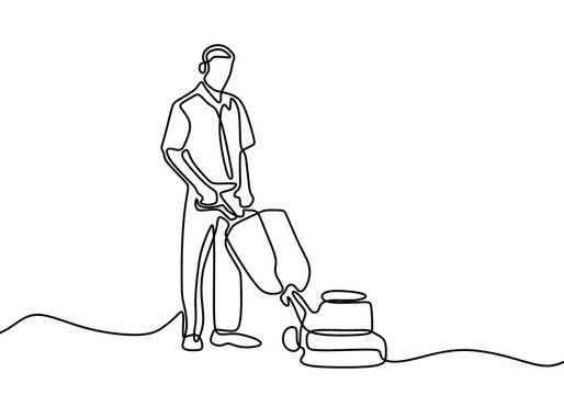 recommend clip art: Continuous line drawing of male cleaner washes the floor. Janitor man using vacuum cleaner to wash the floor. Clean tools and cleaning service concept. Isolated hand draw design vector illustration