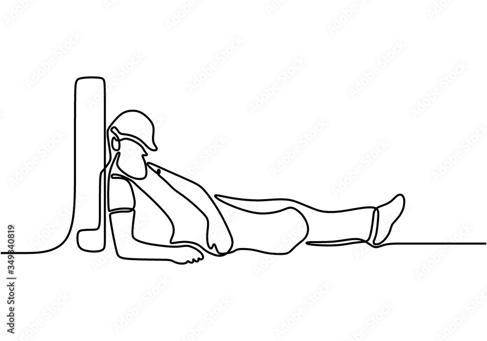 Poster one single line drawing of young handyman wearing helmet and vest uniform fall asleep on bench. repa