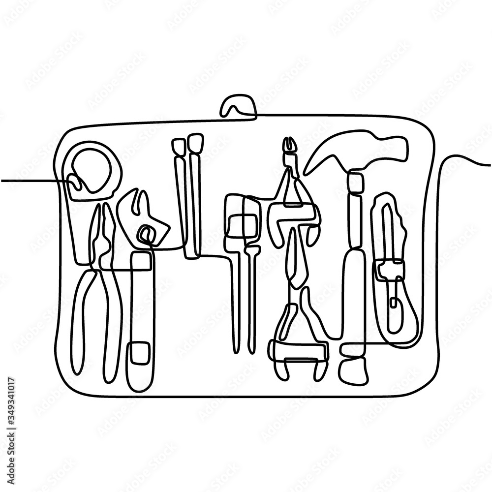 Poster continuous one line drawing building tool. isolated image of a hand drawn outline on a white backgro