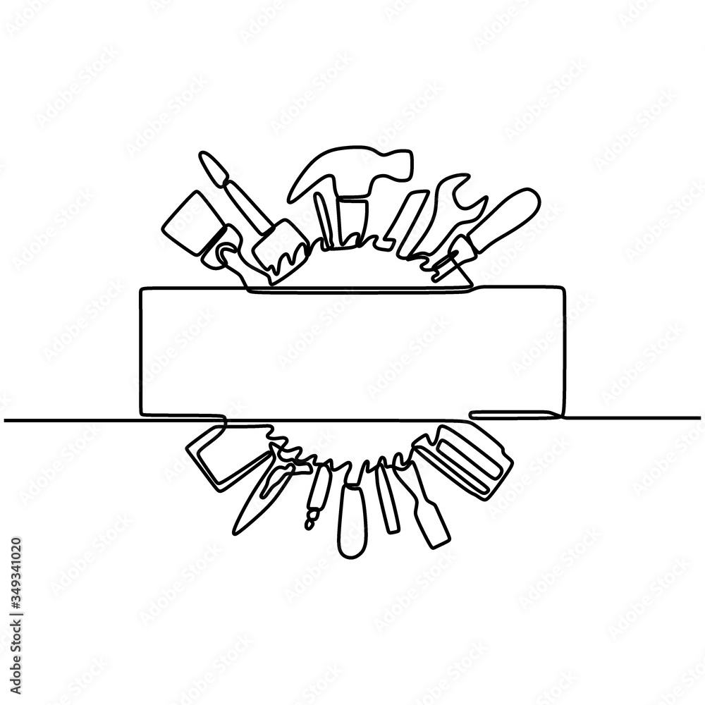 Poster continuous one line drawing building tool. isolated image of a hand drawn outline on a white backgro