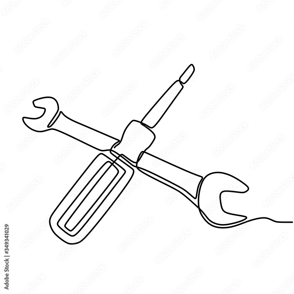 Poster one single line drawing of stainless steel wrench key and screwdriver. building tools concept for co