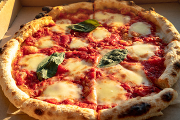 pizza with raw basil and tomato sauce blurred background, food delivery