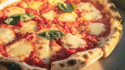 pizza with raw basil and tomato sauce slice blurred background, food delivery