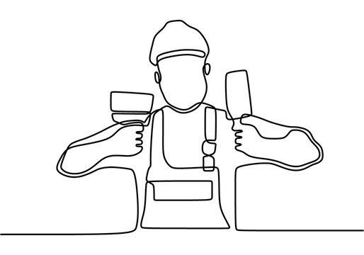 recommend clip art: Single continuous line drawing of young handyman wearing building construction uniform and helmet while holding paint brush and paint roller. Painter wall renovation service concept.