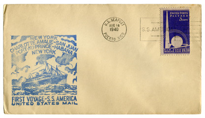 US Sea post, Puerto Rico, The USA - 14 August 1940: historical envelope: cover with cachet first voyage S.S. America and  postage stamp World Fair 1939
