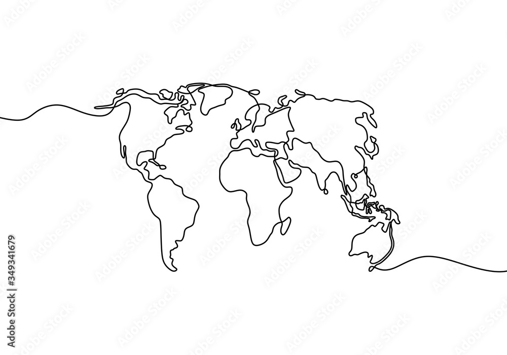 Poster continuous single line style world. earth globe one line drawing of world map vector illustration mi