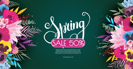 Spring sale banner with flowers on a green background. Banner for promotions, magazines, advertising, web sites.
