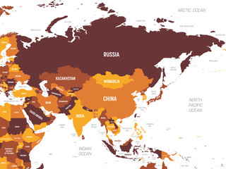 Asia - brown orange hue colored on dark background. High detailed political map of asian continent with country, ocean and sea names labeling