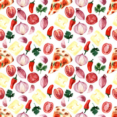 Watercolor seamless pattern with different types of fresh pizza