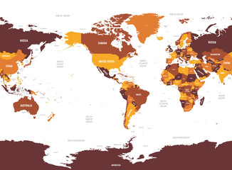 World map - America centered. Brown orange hue colored on dark background. High detailed political map of World with country, ocean and sea names labeling