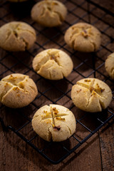 Freshly baked nankhatai are on a tray, Nankhatai are shortbread biscuits, originating from the Indian subcontinent, popular in Northern India and Pakistan.