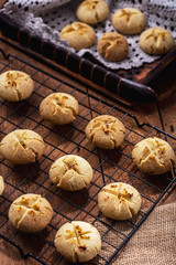 Freshly baked nankhatai are on a tray, Nankhatai are shortbread biscuits, originating from the Indian subcontinent, popular in Northern India and Pakistan.