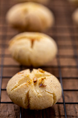 close view of freshly baked nankhatai or shortbread biscuits.