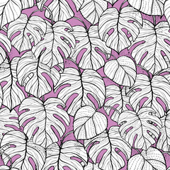 Cheese plant exotic tropical monstera house plant leaves. Vector repeat pattern. Great for apparel, home decor, backgrounds, wallpaper.