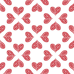 Beautiful red hearts isolated on white background. Cute seamless pattern. Hand drawn vector graphic illustration. Texture.