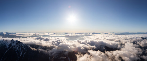 Aerial Panoramic View of Remote Canadian Mountain Landscape during sunny morning. Located near Vancouver, British Columbia, Canada. Nature Panorama Background. Authentic