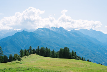 Panoramic view of Saint-Vincent in the autonomous region of Valle d'Aosta. A mountain pass from the Aosta Valley to the Ayas Valley, Italy