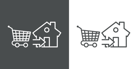 Símbolo entrega de pedido de compra. Icono plano lineal carrito de la compra con flecha y casa en fondo gris y fondo blanco