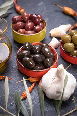 Pickled olives ready to eat, healthy food used in mediterranean cuisines