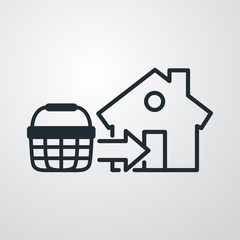 Símbolo entrega de pedido de compra. Icono plano lineal cesta de la compra con flecha y casa en fondo gris