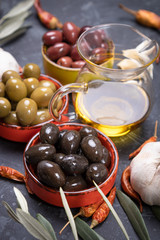 Pickled olives ready to eat, healthy food used in mediterranean cuisines