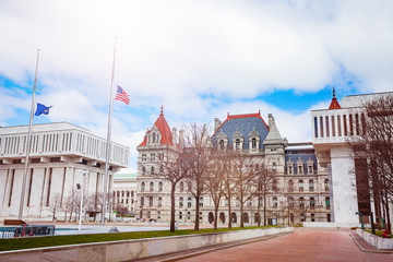 New York State Capitol building view from Empire Plaza government park, Albany