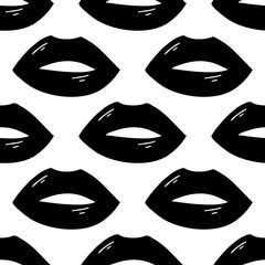 Seamless pattern made from flat doodle black open lips with flare. Isolated on white background. Vector stock illustration.