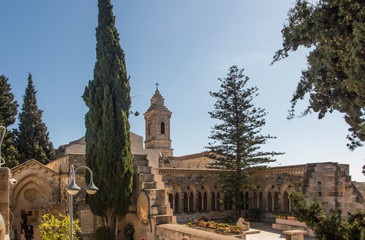 JERUSALEM, ISRAEL - January 30, 2020; The gothic corridor of atrium in Church of the Pater Noster...