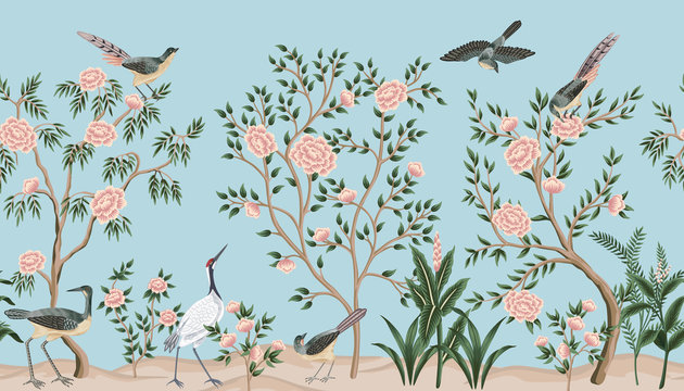 Vintage Garden Tree, Birds, Crane Floral Seamless Border Blue Background. Exotic Chinoiserie Wallpaper.