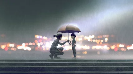 Fototapeten Die Frau gibt dem Jungen im Regen einen Regenschirm, digitaler Kunststil, Illustrationsmalerei © grandfailure