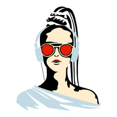Vector graphic illustration of girl, listening music. Beautiful silhouette simple close up face with sunglasses, headphones. minimalistic style, vintage, street art, Hand drawn stylish sketch © Valentain Jevee