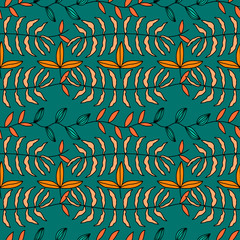 Vector pattern with the image of plants in autumn colors. Seamless pattern with autumn leaves.