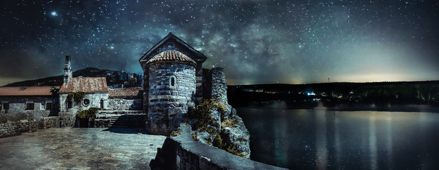 landscape image of old town in Budva at night, Montenegro.