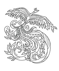 Mythical bird Phoenix (Fire bird). Page of coloring book. Vector illustration.