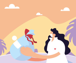 delivery woman on the way to the customer with face mask