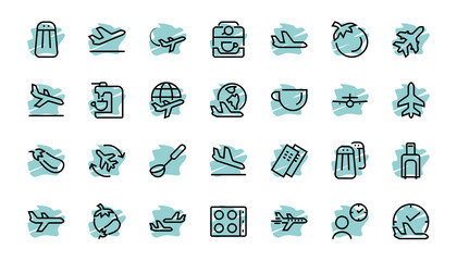 Fototapeta premium A simple set of airport related vector line icons. Contains badges such as departure, boarding, waiting time, boarding, find a place to travel tickets, and much more. Editable stroke. 48x48 pixels