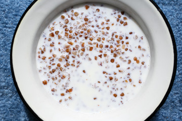 White metal plate with black border with appetizing selective buckwheat porridge with milk on background of blue cloth, carpet. Tasty lunch, good for human health, closeup, top view