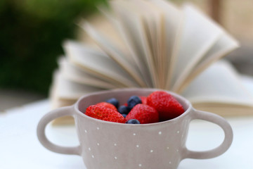 Bowl of strawberries and blueberries and open book in the garden. Selective focus.