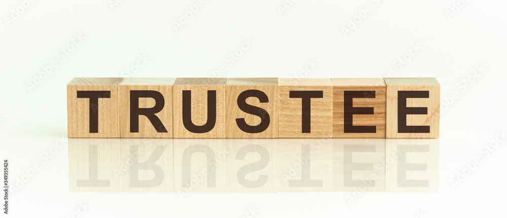 Poster trustee - word from wooden blocks with letters, front view on white background. mirror image of the 