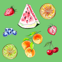 set of fruits and berries. Illustration. Apelstn, lime, watermelon, cherry, strawberry, blueberry