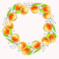 Frame of oranges. Watercolor illustration. Suitable for seating plans, table numbers, stickers on the jar with jam