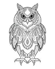 Fototapeta premium Ornamental owl picture. Page of coloring book. Vector illustration.