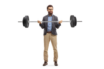 Fototapeta na wymiar Full length portrait of a bearded man in formal clothes lifting weights