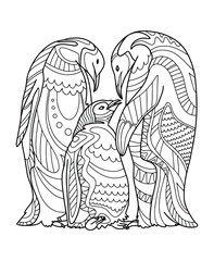 Family of penguins. Page of coloring book. Vector illustration.