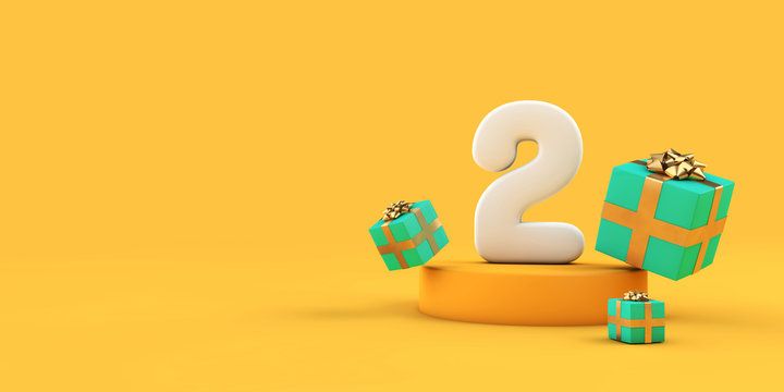 Happy 2nd birthday number and gifts on a yellow podium. 3D Render
